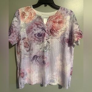 Alfred Dunner Floral Short Sleeve Top - Pink and Purple embellished neck size M